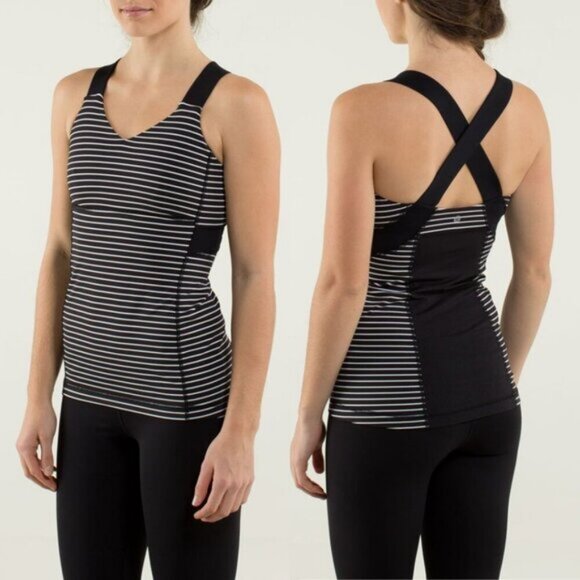 Lululemon Push Ur Limits Tank W/ Shelf Bra In Parallel Stripe Black White Size 4 - Picture 1 of 9